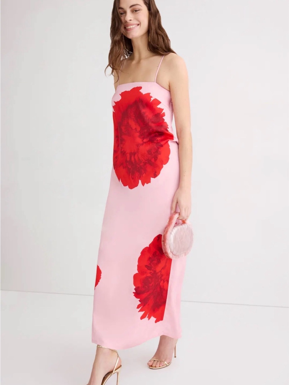 Suboo Pink Slip Dress with Red Floral Print Satin
